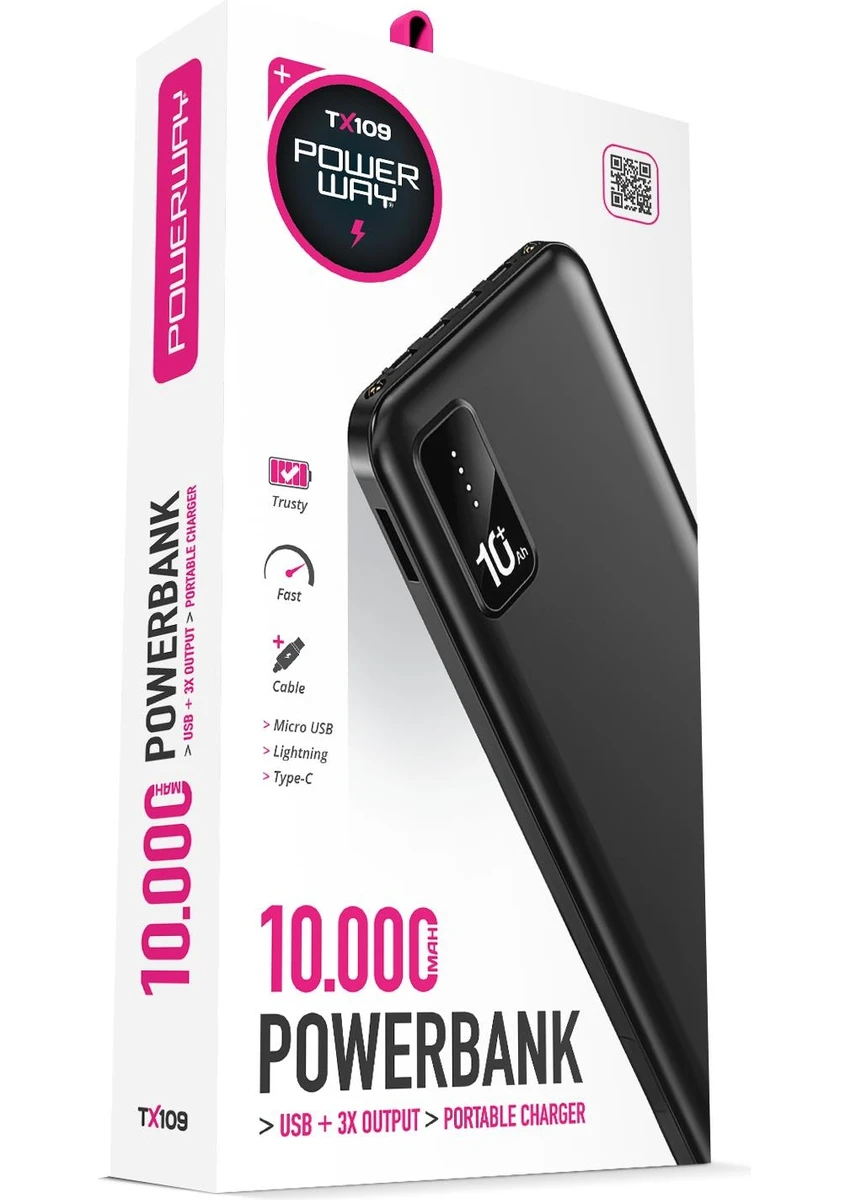 Powerway 10-000 Mah Kablolu Dijital Göstergeli 10-000 Mah Garantili Dahili Stand TX109 Siyah Powerbank